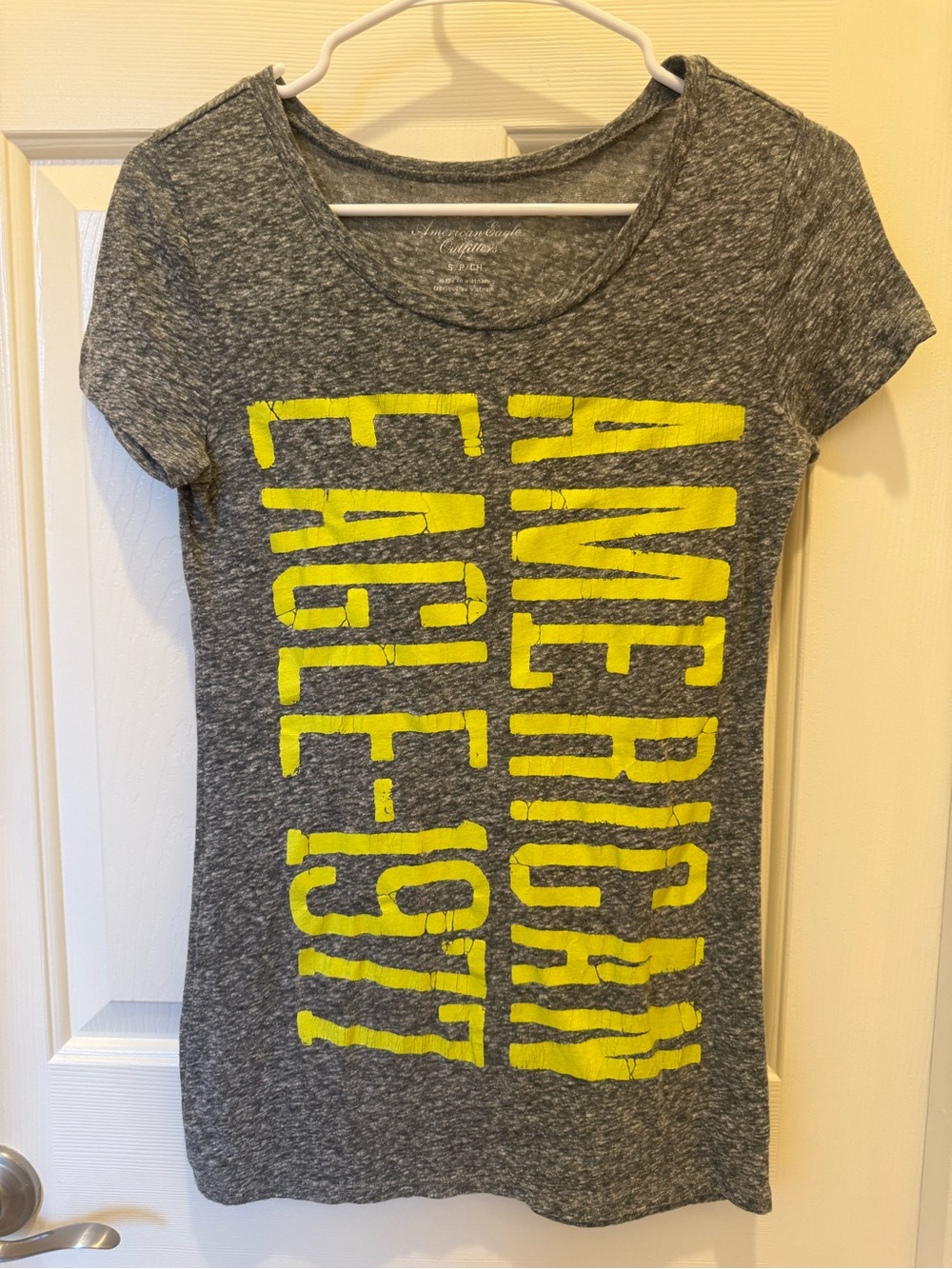 American Eagle Outfitters Gray Tee with Yellow Vertical Logo